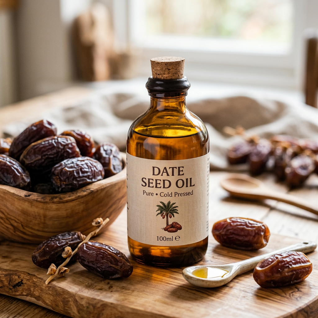 Amber bottle of date seed oil with cork stopper and label, surrounded by whole dates and wooden spoon with oil